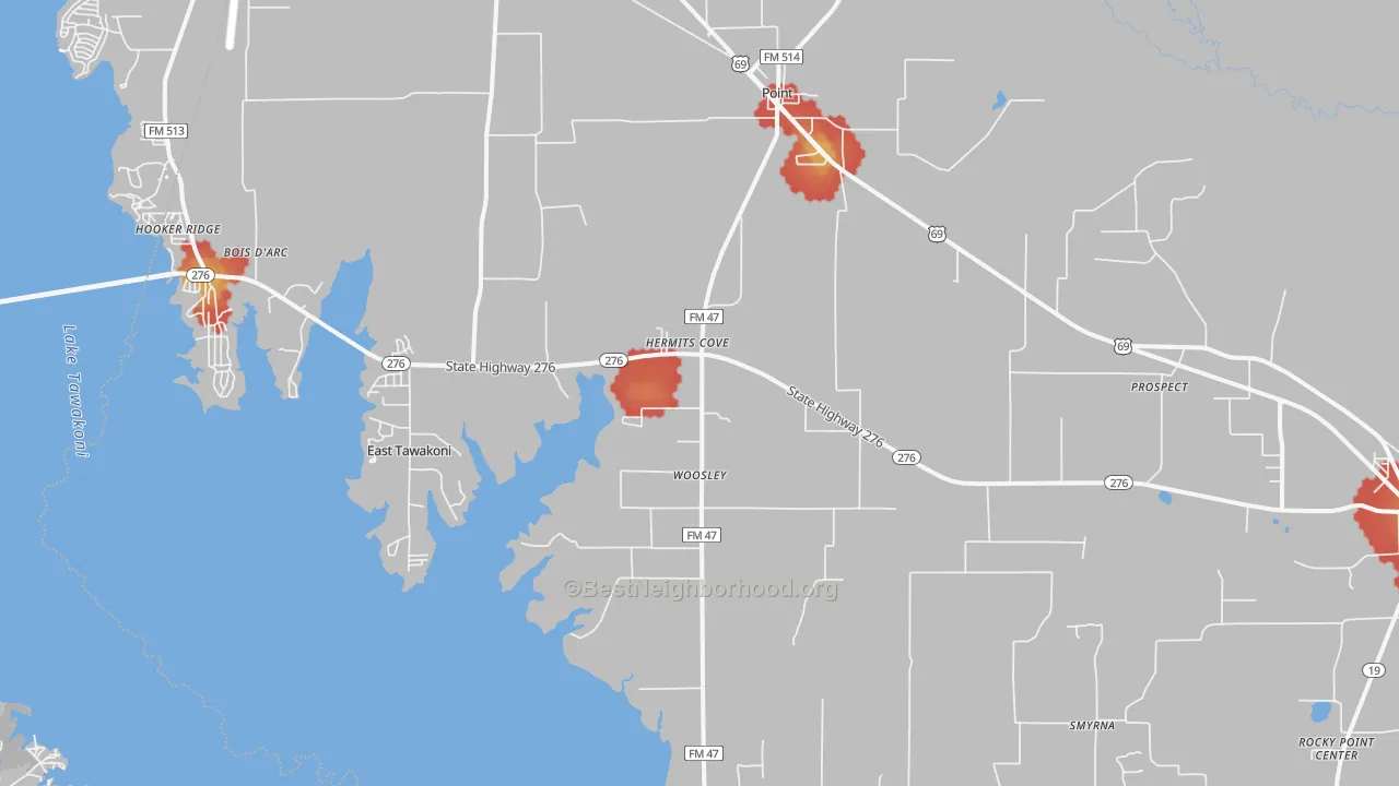 Walk Grade map of Point, TX, walkable areas in green and car-dependent areas in red