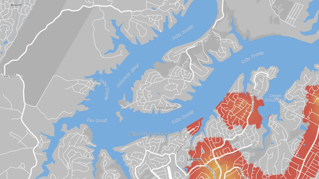 Walk Grade map of Point Venture, TX, walkable areas in green and car-dependent areas in red