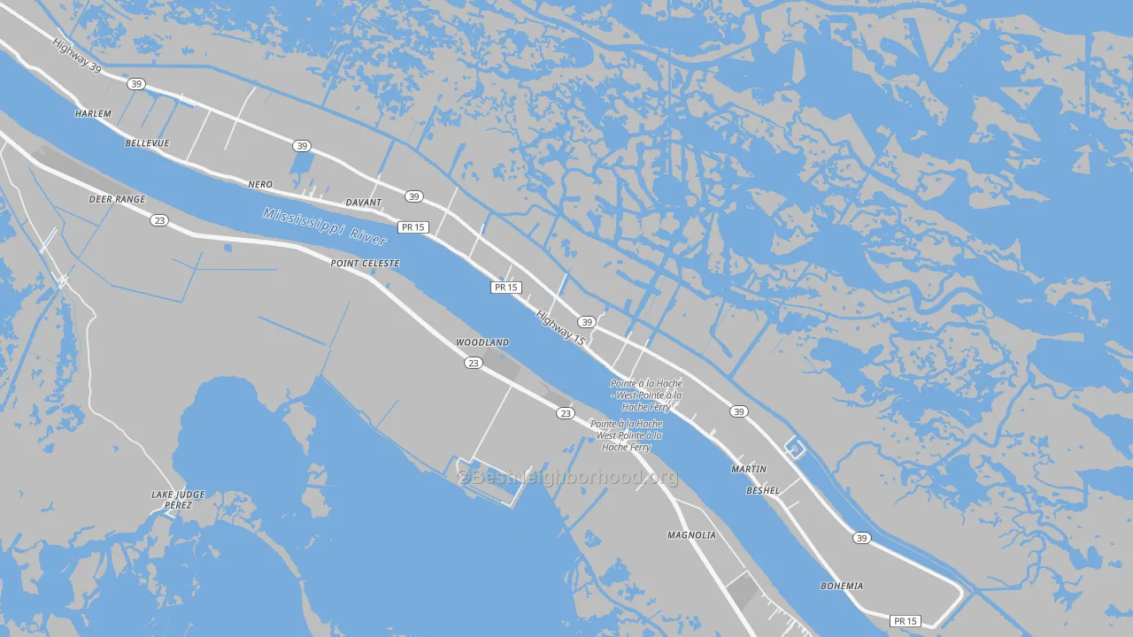 Walk Grade map of Pointe a la Hache, LA, walkable areas in green and car-dependent areas in red