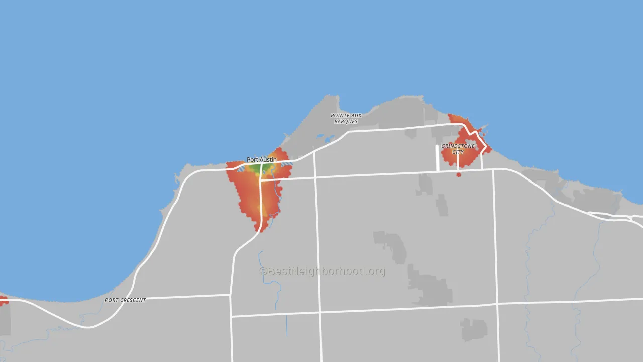 Walk Grade map of Pointe Aux Barques, MI, walkable areas in green and car-dependent areas in red