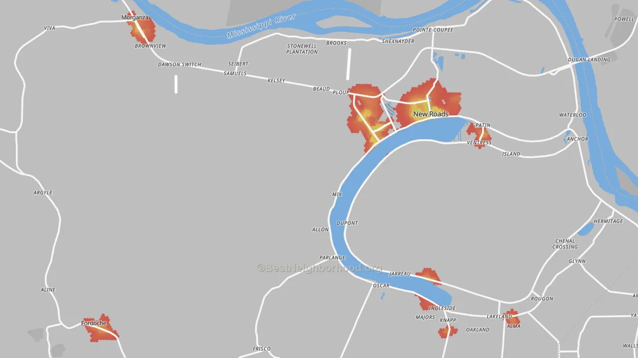 Walk Grade map of Pointe Coupee Parish, LA, walkable areas in green and car-dependent areas in red