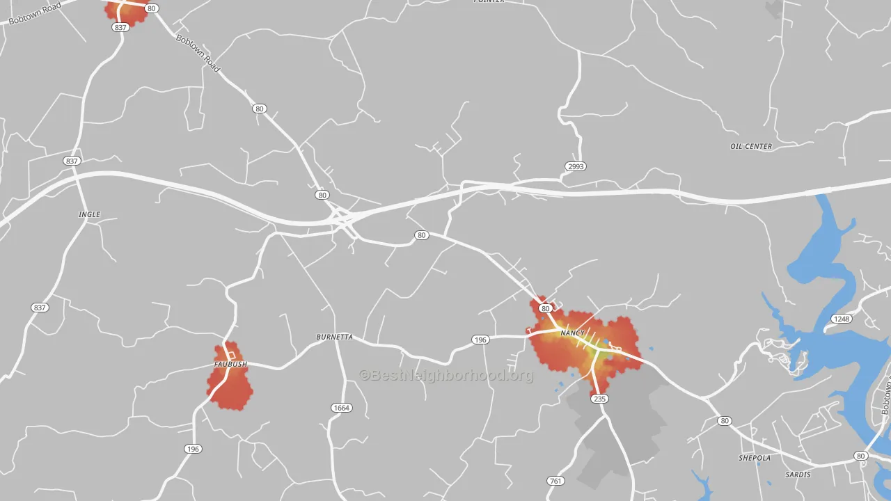 Walk Grade map of Pointer, KY, walkable areas in green and car-dependent areas in red