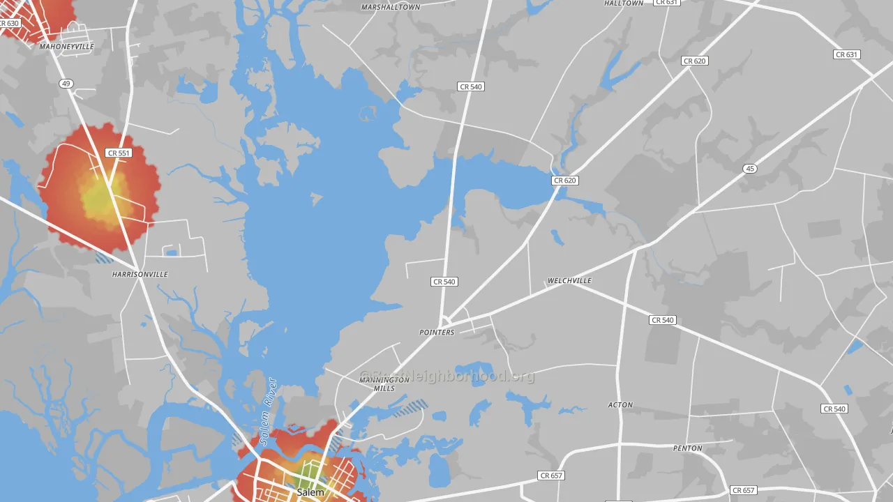 Walk Grade map of Pointers, NJ, walkable areas in green and car-dependent areas in red