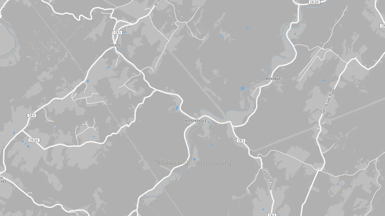 Walk Grade map of Points, WV, walkable areas in green and car-dependent areas in red