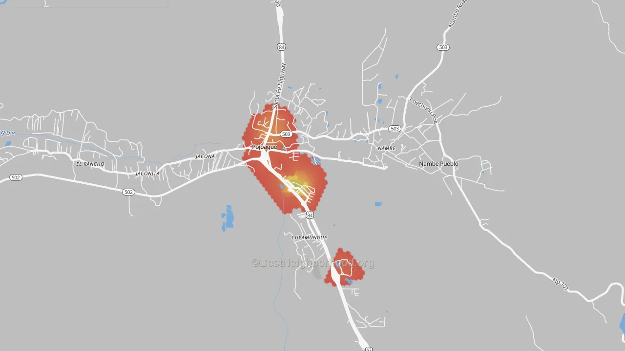 Walk Grade map of Pojoaque, NM, walkable areas in green and car-dependent areas in red