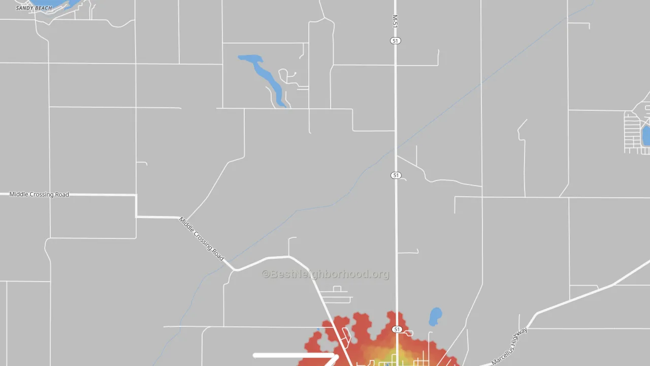 Walk Grade map of Pokagon, MI, walkable areas in green and car-dependent areas in red