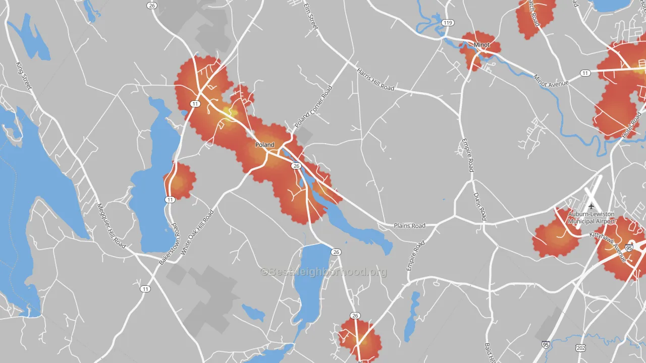 Walk Grade map of Poland, ME, walkable areas in green and car-dependent areas in red