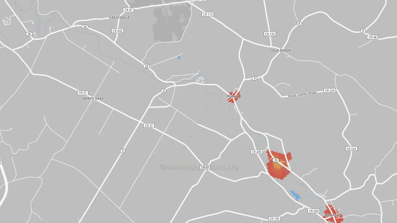 Walk Grade map of Poland, NY, walkable areas in green and car-dependent areas in red