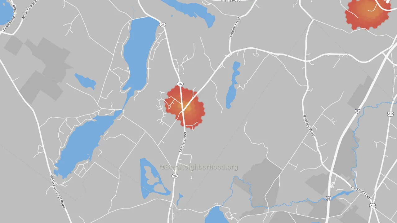 Walk Grade map of Poland Spring, ME, walkable areas in green and car-dependent areas in red