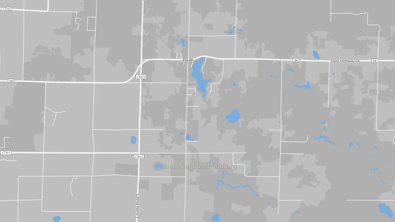 Walk Grade map of Polar, WI, walkable areas in green and car-dependent areas in red