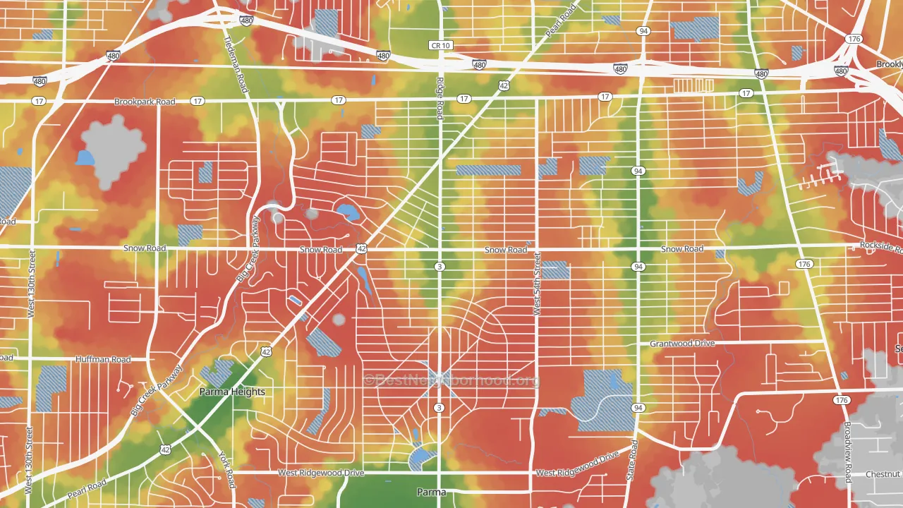 Walk Grade map of Polish Village, Parma, OH, walkable areas in green and car-dependent areas in red
