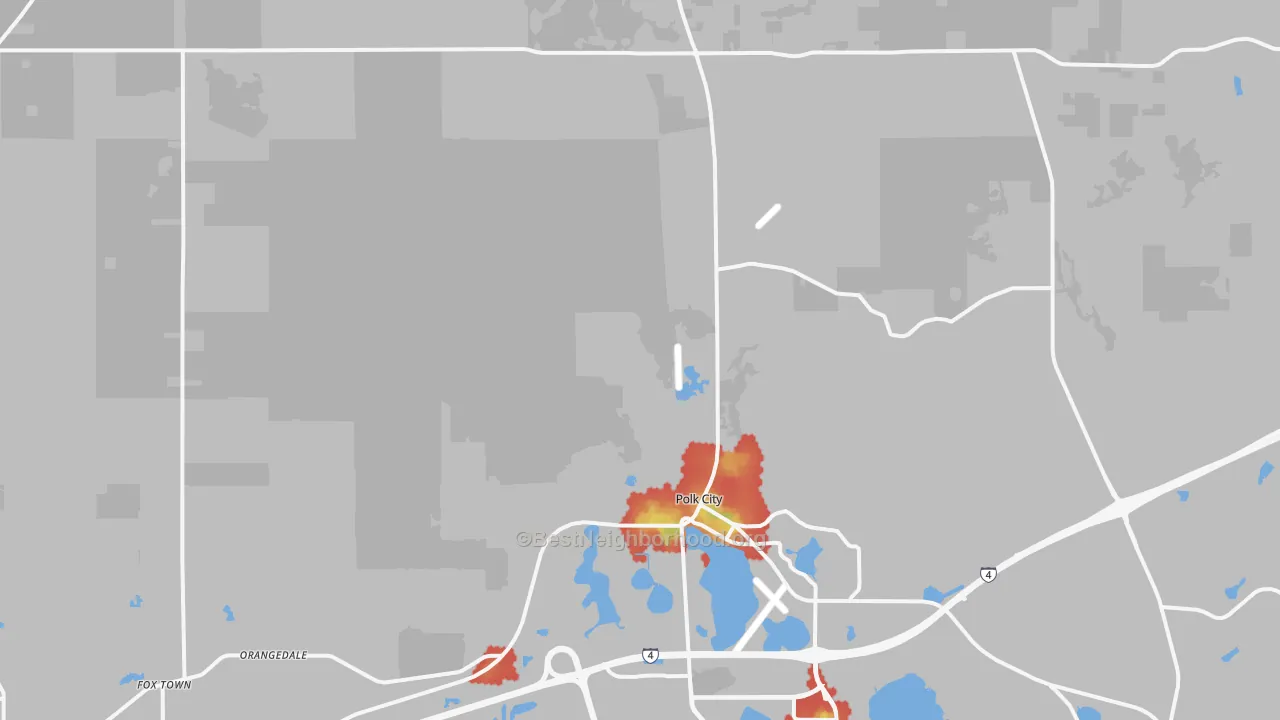 Walk Grade map of Polk City, FL, walkable areas in green and car-dependent areas in red