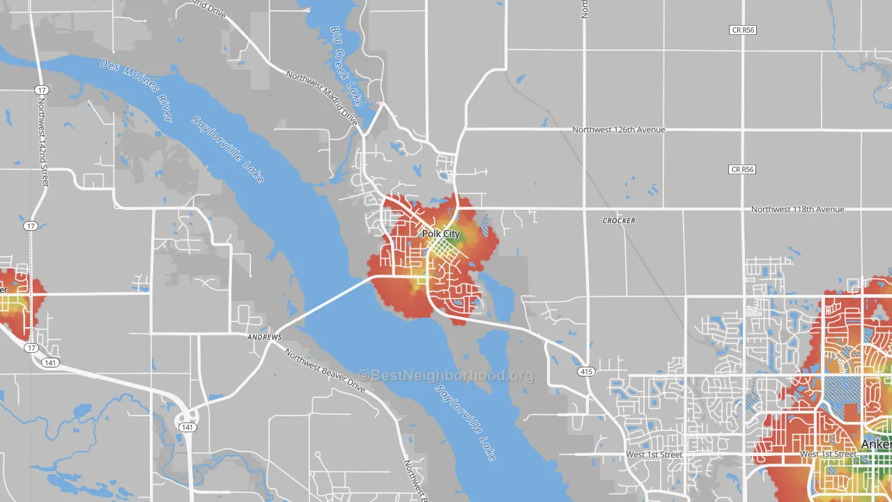 Walk Grade map of Polk City, IA, walkable areas in green and car-dependent areas in red