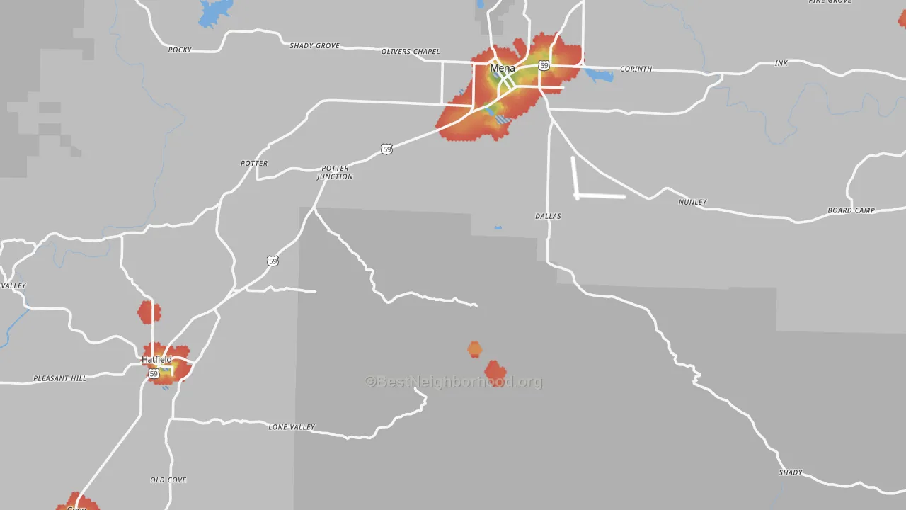 Walk Grade map of Polk County, AR, walkable areas in green and car-dependent areas in red