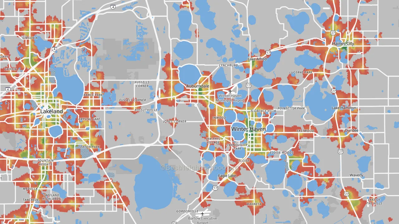 Walk Grade map of Polk County, FL, walkable areas in green and car-dependent areas in red