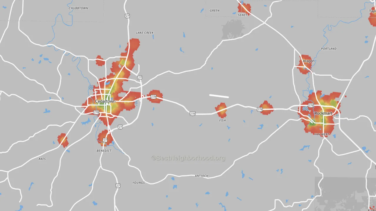 Walk Grade map of Polk County, GA, walkable areas in green and car-dependent areas in red