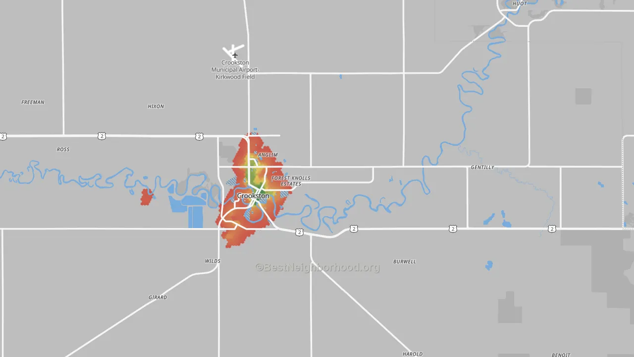 Walk Grade map of Polk County, MN, walkable areas in green and car-dependent areas in red