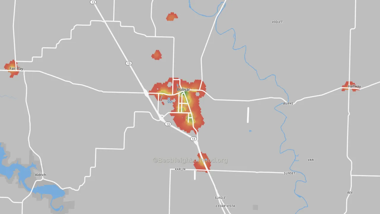 Walk Grade map of Polk County, MO, walkable areas in green and car-dependent areas in red