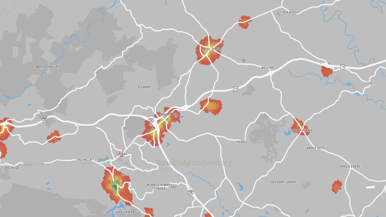 Walk Grade map of Polk County, NC, walkable areas in green and car-dependent areas in red