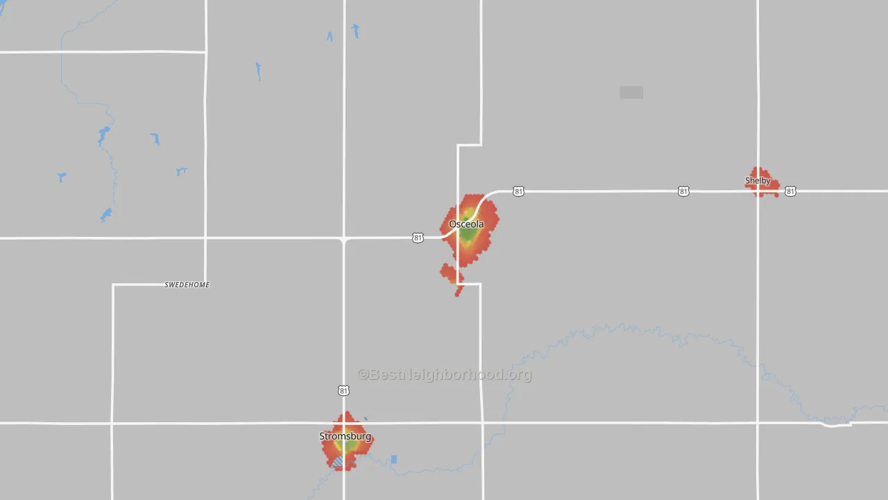Walk Grade map of Polk County, NE, walkable areas in green and car-dependent areas in red