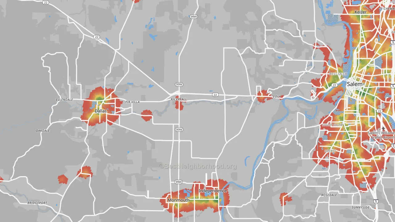 Walk Grade map of Polk County, OR, walkable areas in green and car-dependent areas in red