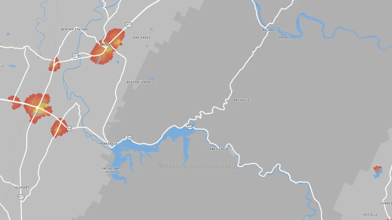 Walk Grade map of Polk County, TN, walkable areas in green and car-dependent areas in red