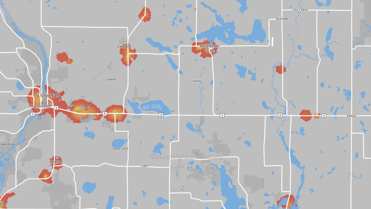 Walk Grade map of Polk County, WI, walkable areas in green and car-dependent areas in red