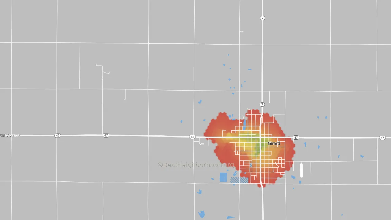 Walk Grade map of Polk, KS, walkable areas in green and car-dependent areas in red