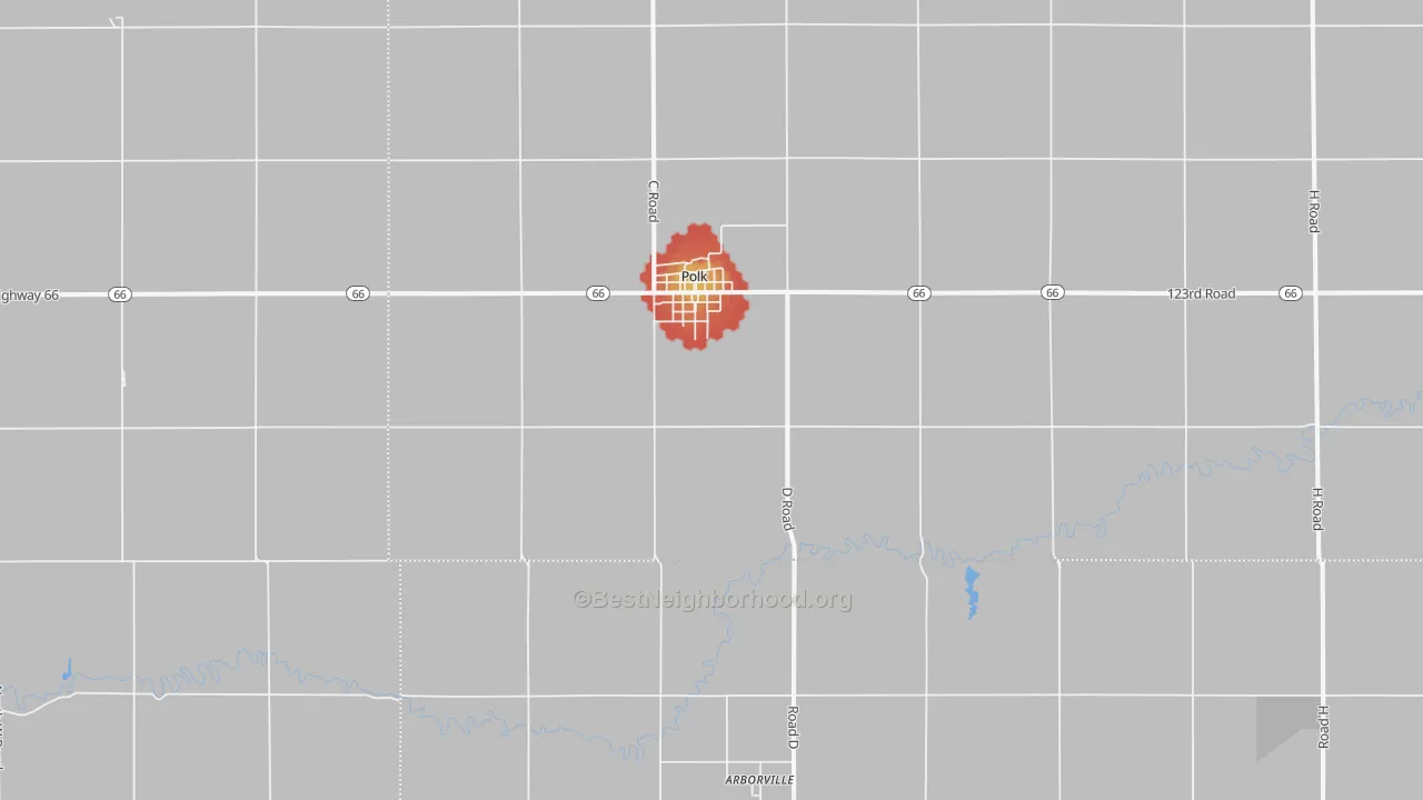Walk Grade map of Polk, NE, walkable areas in green and car-dependent areas in red