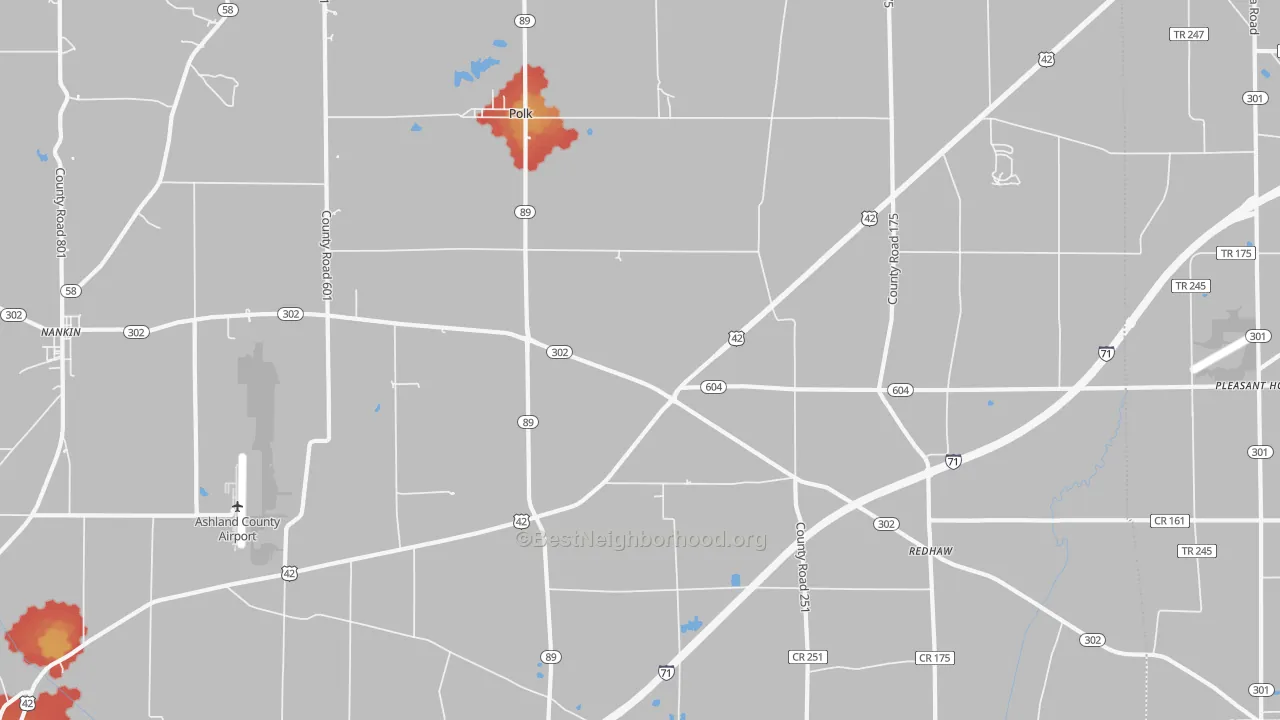 Walk Grade map of Polk, OH, walkable areas in green and car-dependent areas in red
