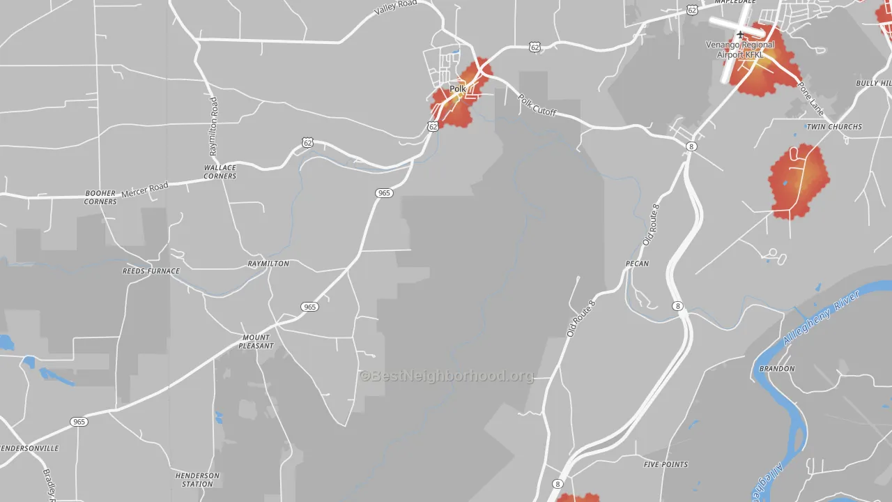 Walk Grade map of Polk, PA, walkable areas in green and car-dependent areas in red
