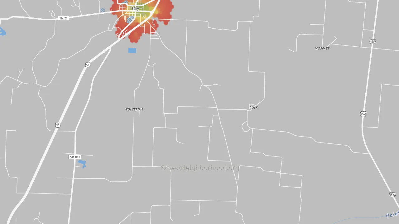 Walk Grade map of Polk, TN, walkable areas in green and car-dependent areas in red
