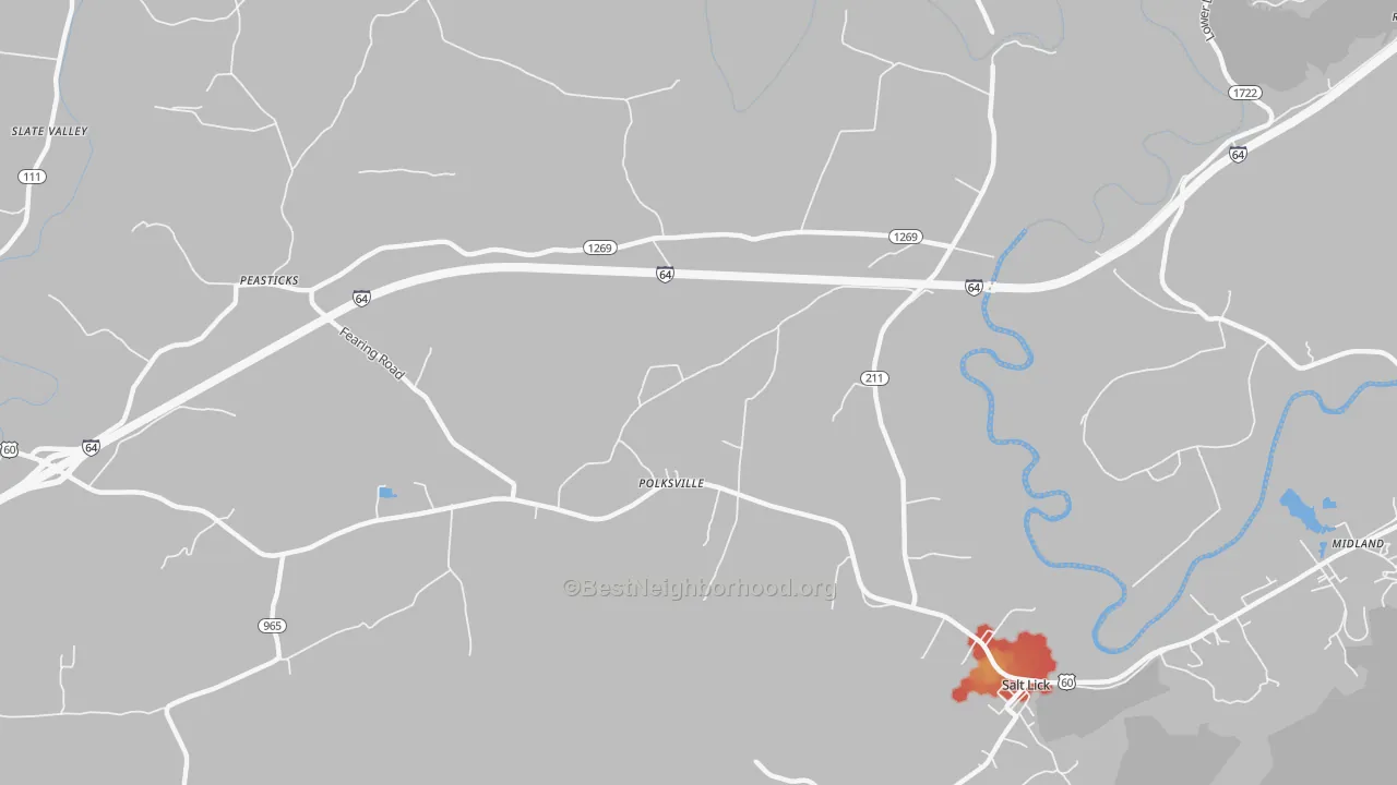 Walk Grade map of Polksville, KY, walkable areas in green and car-dependent areas in red