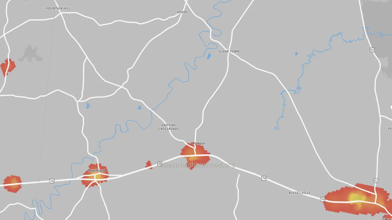 Walk Grade map of Polkton, NC, walkable areas in green and car-dependent areas in red
