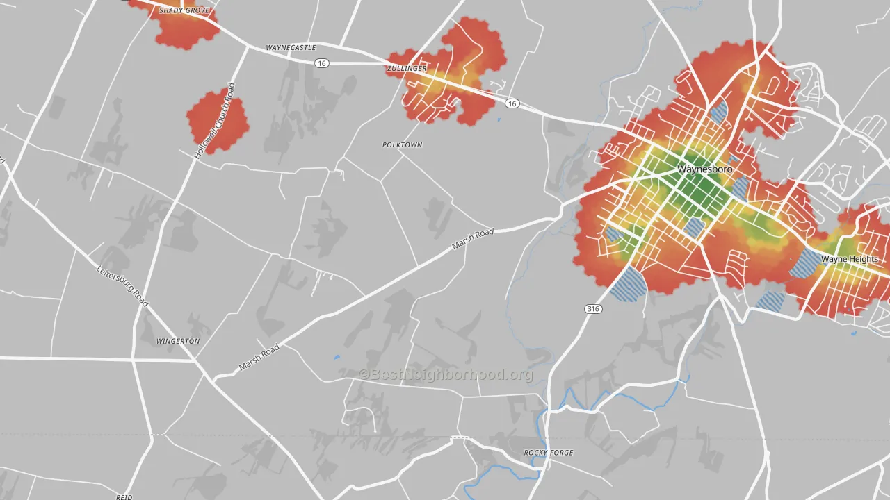 Walk Grade map of Polktown, PA, walkable areas in green and car-dependent areas in red