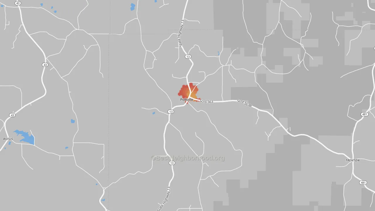 Walk Grade map of Polkville, MS, walkable areas in green and car-dependent areas in red