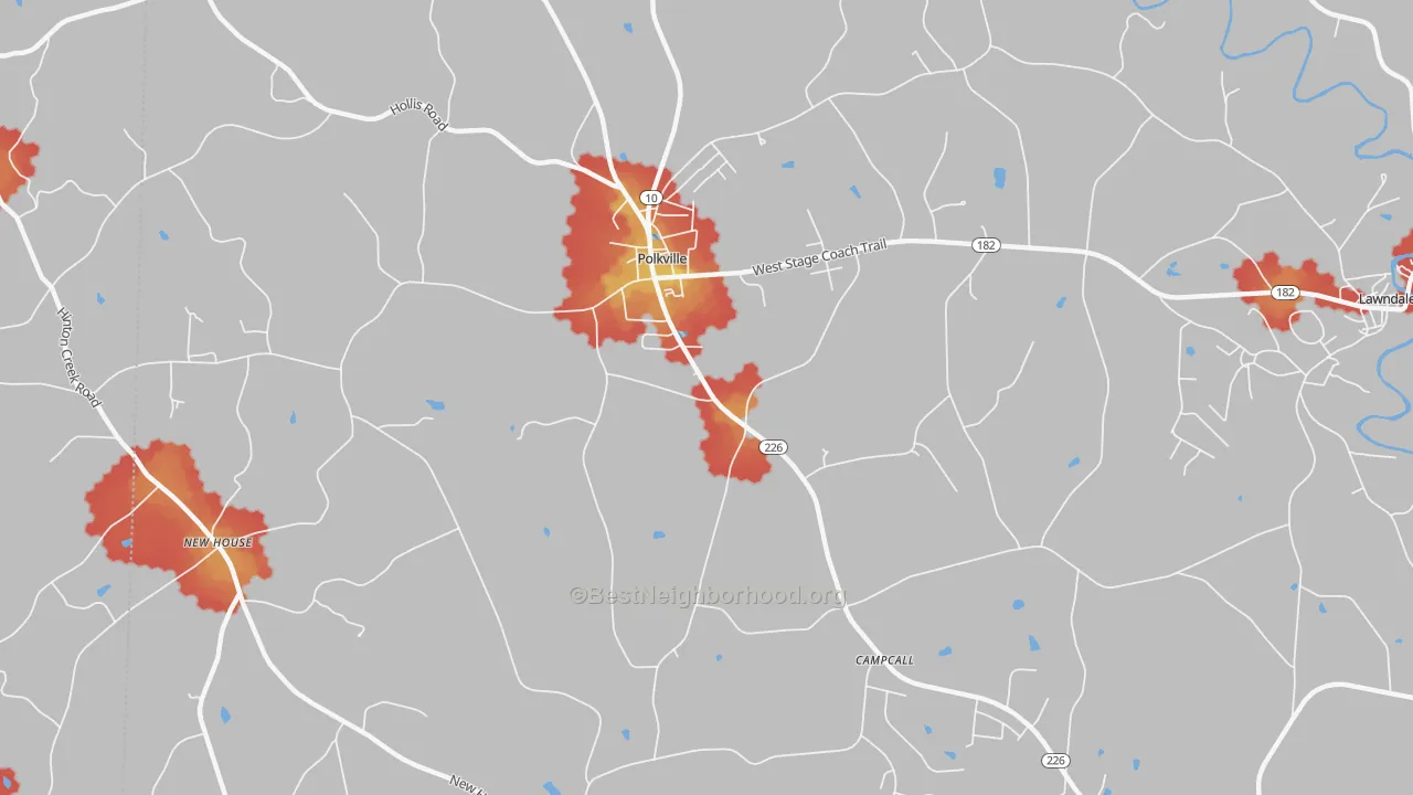 Walk Grade map of Polkville, NC, walkable areas in green and car-dependent areas in red