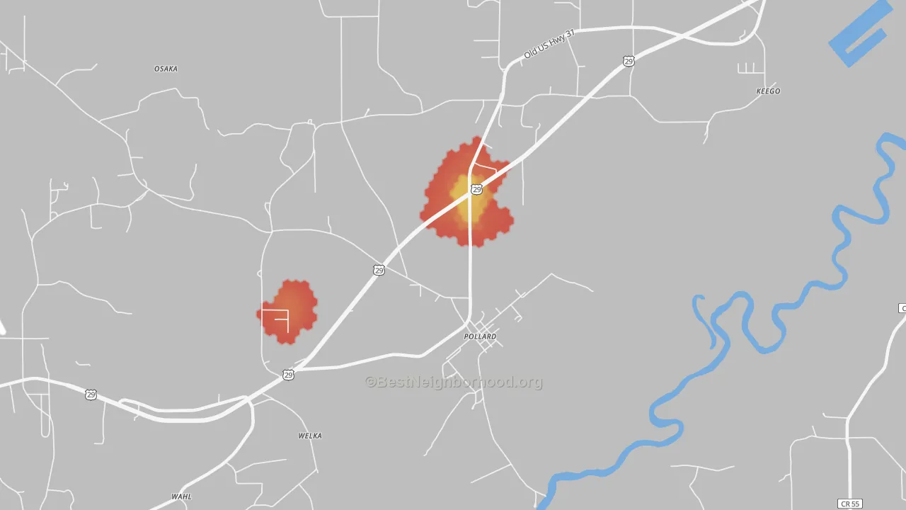 Walk Grade map of Pollard, AL, walkable areas in green and car-dependent areas in red