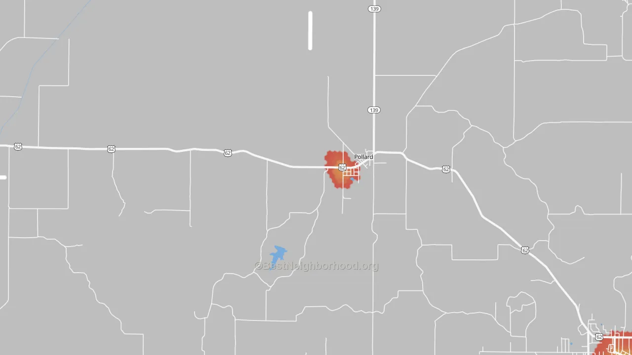 Walk Grade map of Pollard, AR, walkable areas in green and car-dependent areas in red