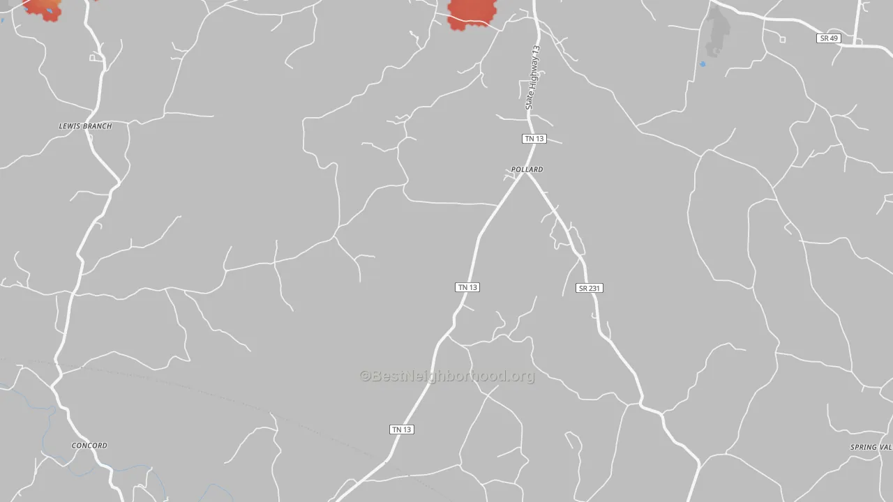 Walk Grade map of Pollard, TN, walkable areas in green and car-dependent areas in red