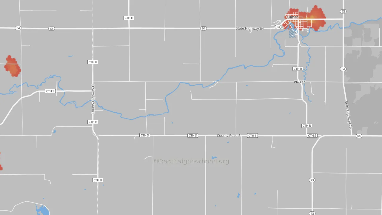 Walk Grade map of Polley, WI, walkable areas in green and car-dependent areas in red
