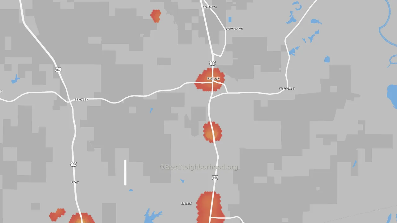 Walk Grade map of Pollock, LA, walkable areas in green and car-dependent areas in red