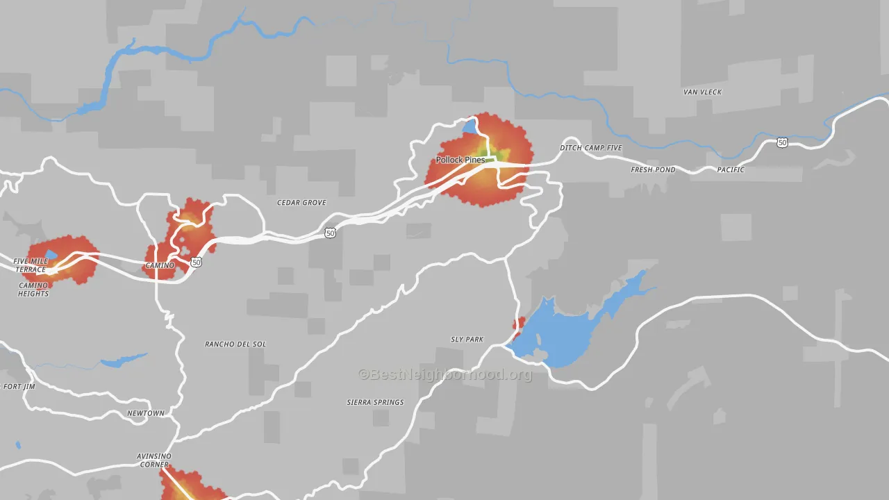 Walk Grade map of Pollock Pines, CA, walkable areas in green and car-dependent areas in red