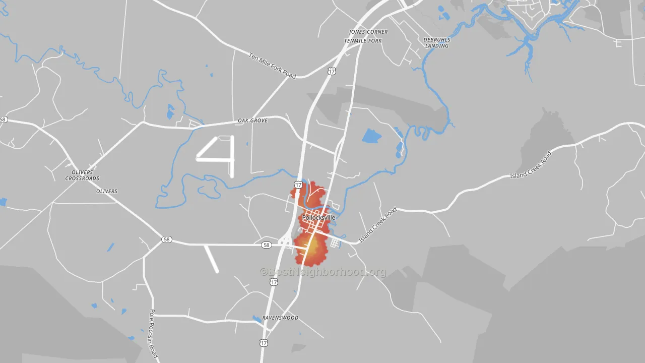 Walk Grade map of Pollocksville, NC, walkable areas in green and car-dependent areas in red