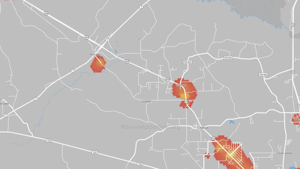 Walk Grade map of Pollok, TX, walkable areas in green and car-dependent areas in red