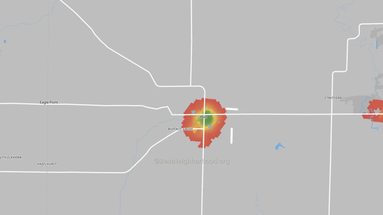 Walk Grade map of Polo, IL, walkable areas in green and car-dependent areas in red