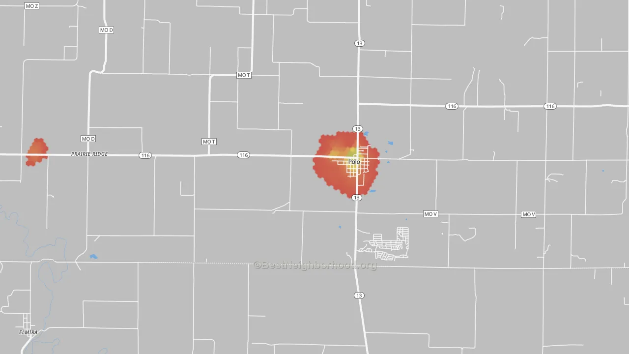 Walk Grade map of Polo, MO, walkable areas in green and car-dependent areas in red
