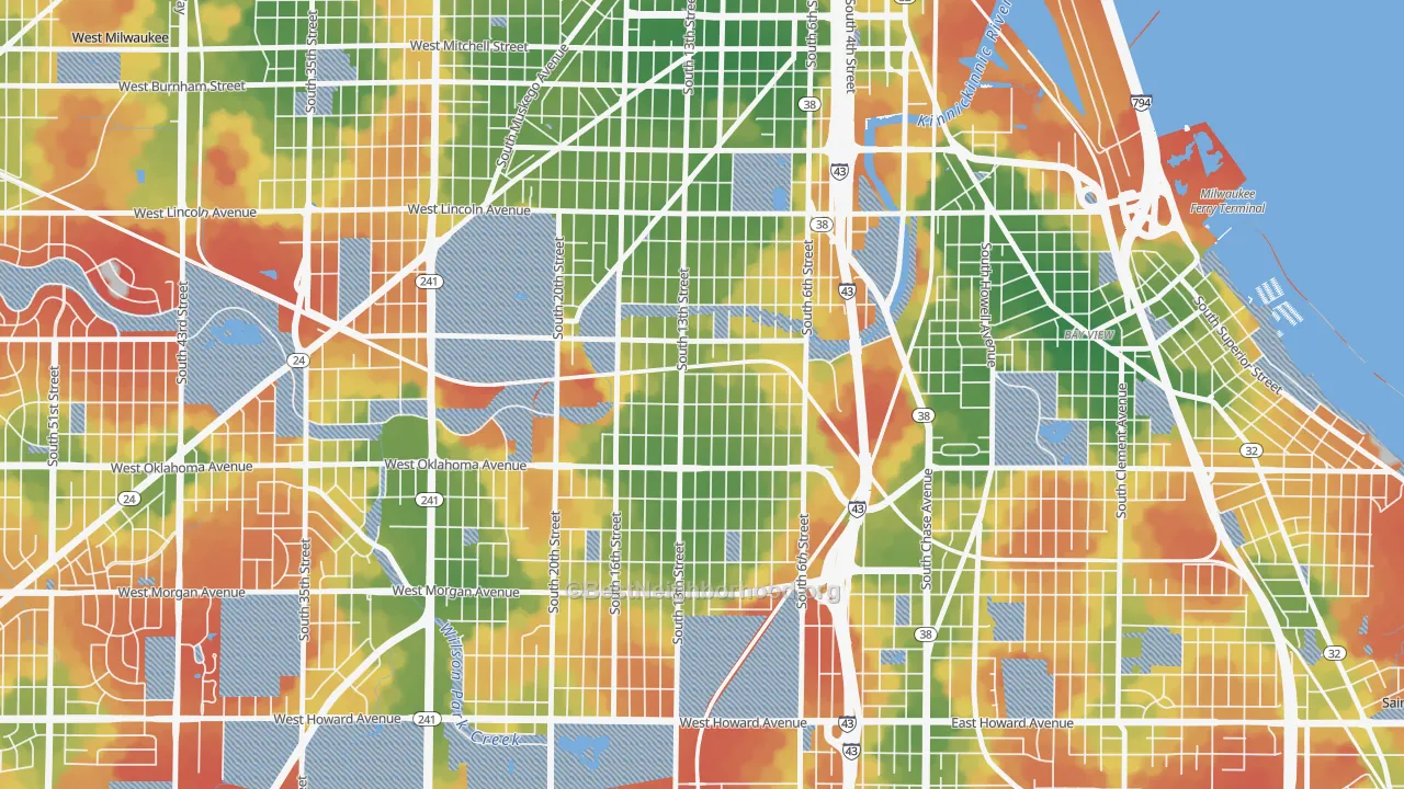 Walk Grade map of Polonia, Milwaukee, WI, walkable areas in green and car-dependent areas in red