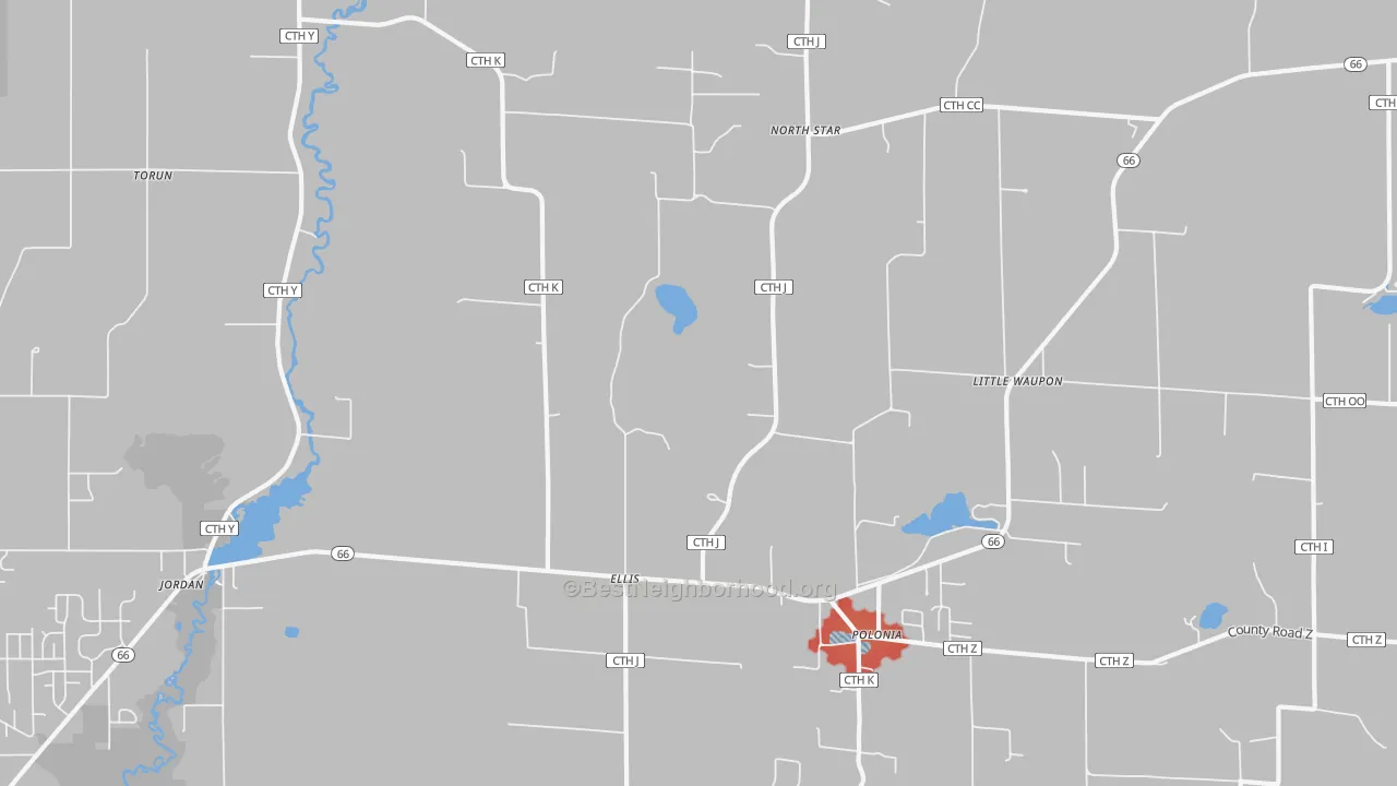 Walk Grade map of Polonia, WI, walkable areas in green and car-dependent areas in red