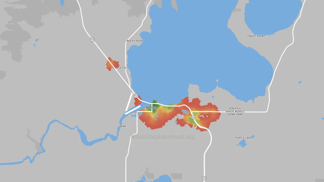 Walk Grade map of Polson, MT, walkable areas in green and car-dependent areas in red